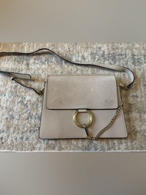 Beige Crossbody Shoulder Bag with Gold Ring Accent